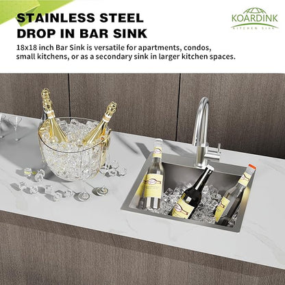Kitchen And Bar Sink, 18x18 Inch Stainless Steel Drop In Modern Single Bowl Small Kitchen And Bar Sink Combo-SS Grid,Silicon Mat,Drain Strainer Set Compatibility With Various Modern&Classic Style