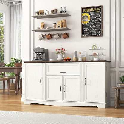 65" Sideboard Buffet Cabinet with Storage, Farmhouse Kitchen Pantries Sideboard Cabinets with Drawer, Wood Coffee Bar Cabinet with Adjustable Shelves, Storage Cabinets for Kitchen, Antique White
