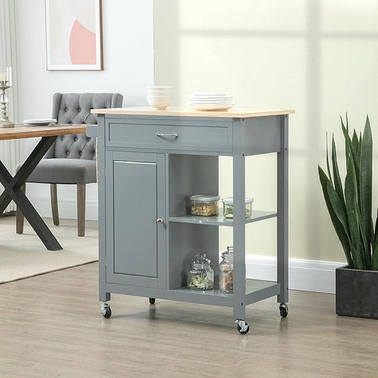 Kitchen Island Cart, Rolling Kitchen Island with Storage Shelf, Solid Wood Top, Drawer, for Dining Room, Gray