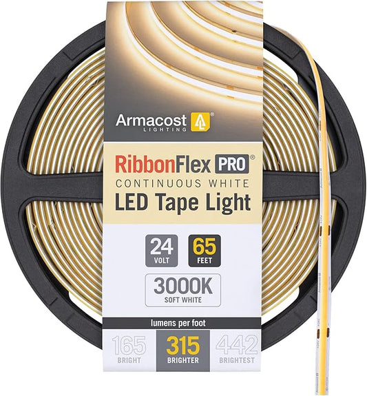Armacost Lighting RibbonFlex Pro 24V White COB LED Strip Light Tape 3000K, 315 Lumens/Ft, 20M 172260