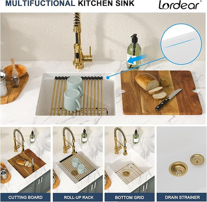 Lordear 18 Inch White Kitchen Sink Granite Composite Undermount Bar Workstation 18x18 White Quartz Sinks Under Counter Single Bowl with Classic Gold Accessories