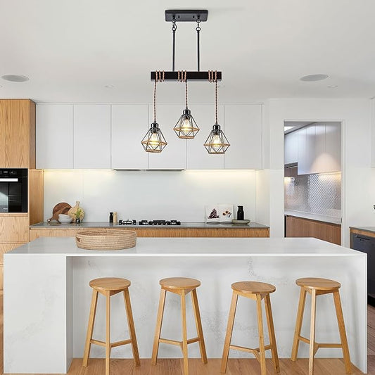 3 Light Kitchen Island Lighting, Farmhouse Chandeliers for Dining Room Light Fixtures Over Table, Modern Wood Pendant Lights Kitchen Island with Metal Lampshade