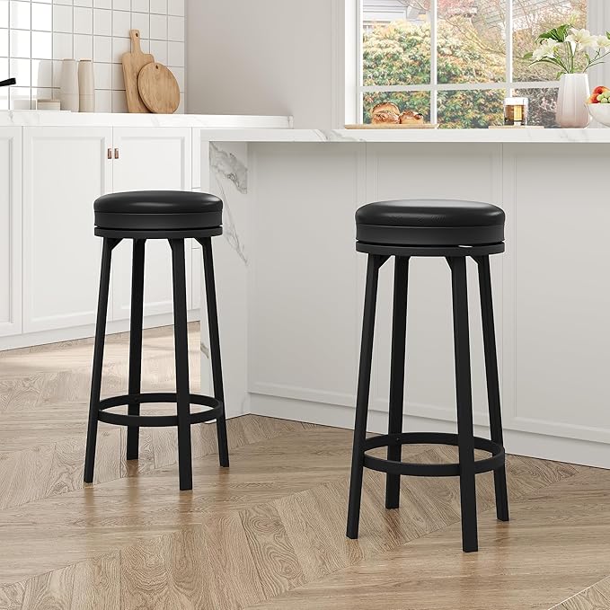 GAOMON 30 inch Swivel Bar Stools Set of 2, Counter Height Barstool with Footrest and PU Leather Upholstery, Metal Frame, Kitchen Barstools for Kitchen Island, Home Bar, Black