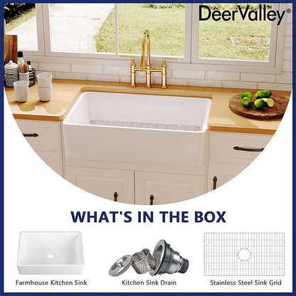 DeerValley Farmhouse Kitchen Sink 33 Inch, Fireclay White Undermount Kitchen Sink, Ceramic Apron-Front Deep Single Bowl with Stainless Steel Grid & Drain