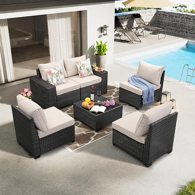 JOYURE 6 Pieces Patio Furniture Set All-Weather Outdoor Wicker Sectional Conversation Sofa Rattan Patio Seating Sofa with Cushion and Glass Table for Porch Poolside,Beige
