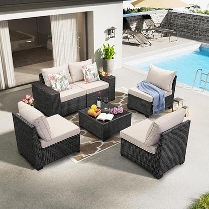 JOYURE 6 Pieces Patio Furniture Set All-Weather Outdoor Wicker Sectional Conversation Sofa Rattan Patio Seating Sofa with Cushion and Glass Table for Porch Poolside,Beige