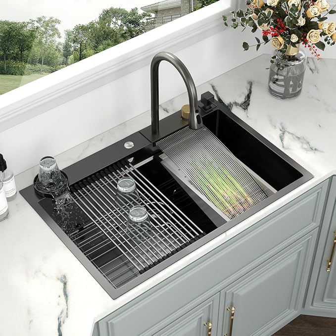 Kichae 33 Black Kitchen Sink Drop In Waterfall - 33x22 Drop Sink Stainless Steel 16G Single Bowl Waterfall Kitchen Sink Workstation Handmade with Faucet & Glass Rinser
