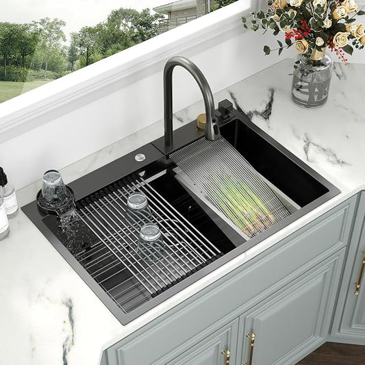Kichae 33 Black Kitchen Sink Drop In Waterfall - 33x22 Drop Sink Stainless Steel 16G Single Bowl Waterfall Kitchen Sink Workstation Handmade with Faucet & Glass Rinser