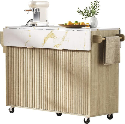 Modern Dining Table Kitchen Island with 2 Drop, Cart Power Outlet, 4 Doors Spice Rack, Rolling Table Faux Marble Top, Curved Edge Wood Console,Natural-MDF