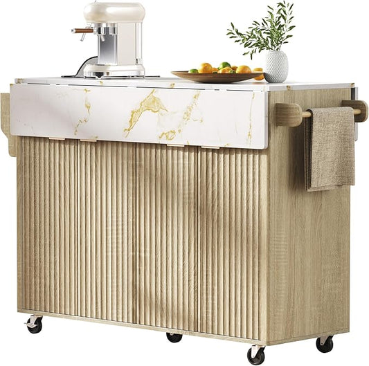 Modern Dining Table Kitchen Island with 2 Drop, Cart Power Outlet, 4 Doors Spice Rack, Rolling Table Faux Marble Top, Curved Edge Wood Console,Natural-MDF
