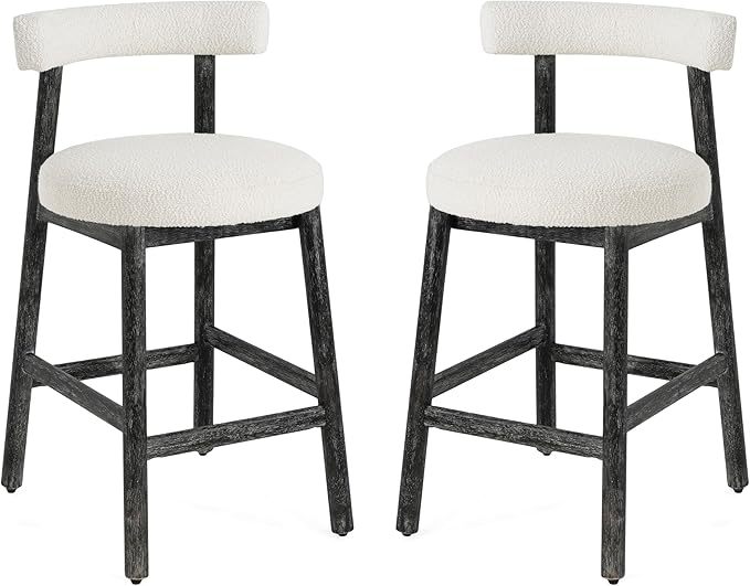 Christopher Knight Home Annes Counter Height Bar Stools Set of 2, Boucle Fabric Round Bar Stool for Kitchen Island, Wooden Dining Room Chair, Counter Stool with Footrest, Black+Milky White