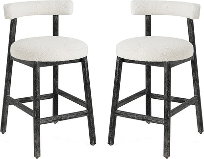 Christopher Knight Home Annes Counter Height Bar Stools Set of 2, Boucle Fabric Round Bar Stool for Kitchen Island, Wooden Dining Room Chair, Counter Stool with Footrest, Black+Milky White