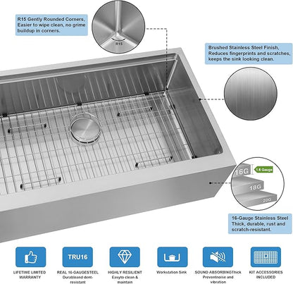 28-Inch Farmhouse Kitchen Sink, 16 Gauge Stainless Steel Farm Sink, Undermount Single Bowl, Brushed Finish, Deep Basin, Workstation Design with Accessories (Stainless Steel, 28" x 22" x 10")
