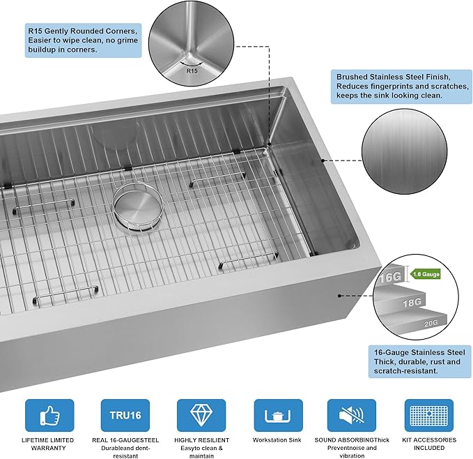 30-Inch Farmhouse Kitchen Sink, 16 Gauge Stainless Steel Farm Sink, Undermount Single Bowl, Brushed Finish, Deep Basin, Workstation Design with Accessories(Stainless Steel, 30" x 22" x 10")