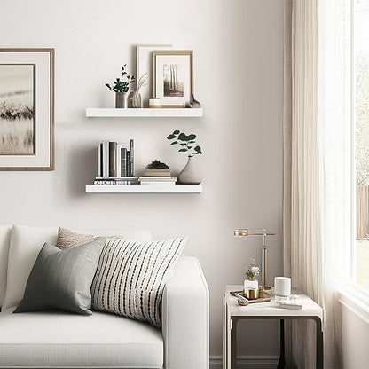 Floating Wall Shelves - 16"x6.8"x1.2" Sturdy Rustic White Solid Wood Shelves for Storage and Décor, Easy Installation for Living Room, Bedroom, and Kitchen - 2 Pack