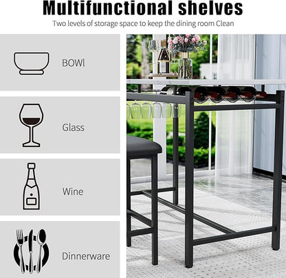 Modern Bar Height Table and Chairs Set - Compact Bar Table and Chairs for 2, Perfect as Small Kitchen Table, Kitchen Island with Seating, or Dining Table with Chairs (Black)