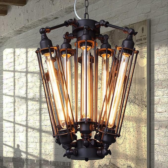 8-Lights Retro Chandelier, Industrial Metal Pendant Lamp Steampunk Pendant Hanging Lamp Geometric Structure Ceiling Lamp for Kitchen Island Foyer Hallway Living Room Bar
