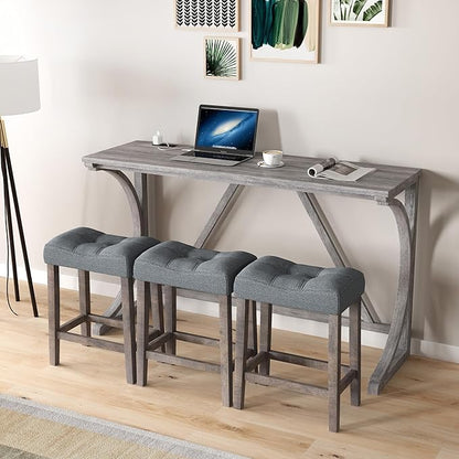 HABITRIO Bar Table and Chairs Set, 4 Piece Kitchen Table Set with Power Outlet, High Top Table with 3 Fabric stools for Small Space, Dining Room, Gray
