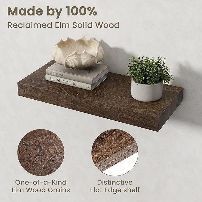 Fun Memories Solid Elm Wood Floating Shelves Set of 2-20 Inch Rustic Wall Shelves with Heavy-Duty Invisible Brackets - for Living Room, Kitchen, Bedroom, Bathroom - Walnut Finish