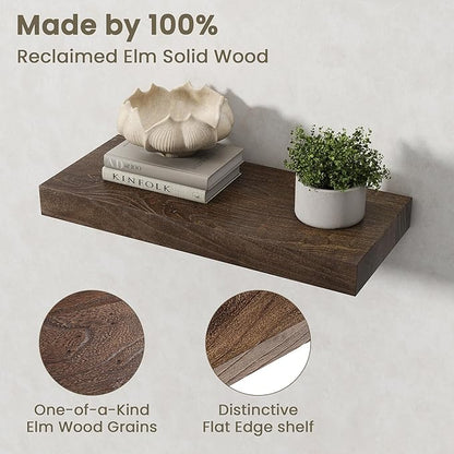 Fun Memories Solid Elm Wood Floating Shelves Set of 2-20 Inch Rustic Wall Shelves with Heavy-Duty Invisible Brackets - for Living Room, Kitchen, Bedroom, Bathroom - Walnut Finish