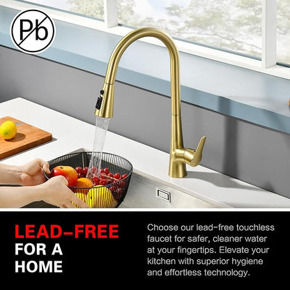 sumerain Touchless Pull Down Kitchen Faucet Brushed Gold Hands-Free Motion Sensor Kitchen Sink Faucet Single Handle