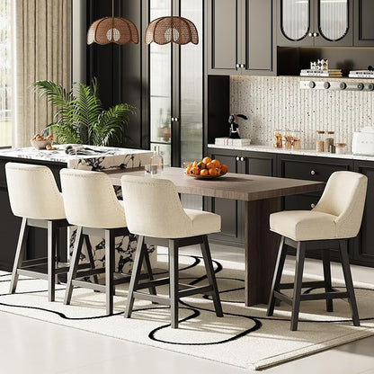 MALOL Swivel Bar Stools Set of 6, 27" Counter Height Kitchen Stools with Padded Seats and Solid Wood Legs, Upholstered Barstools for Kitchen Island, Breakfast Nook (Beige)