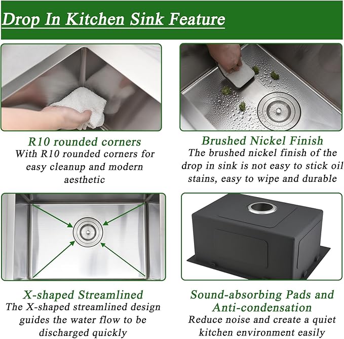 20 Inch Kitchen Sink Drop In with Faucet Combo-Brovy 20x16 Small Outdoor Stainless Steel Kitchen Sink Drop-In 18 Gauge Single Bowl Top Mount Wet Bar Sinks with Mat&Drainer