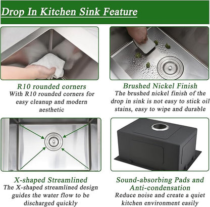20 Inch Kitchen Sink Drop In with Faucet Combo-Brovy 20x16 Small Outdoor Stainless Steel Kitchen Sink Drop-In 18 Gauge Single Bowl Top Mount Wet Bar Sinks with Mat&Drainer