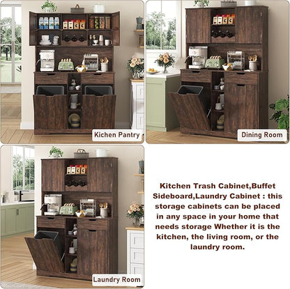 71"H Kitchen Pantry Storage Cabinet with Power Outlets and Two Drawers,10X2 Gallon Kitchen Hidden Double Tilt Out Trash Can Cabinet with Trash Bin Storage Holders,Laundry Hamper Cabinets(Brown)