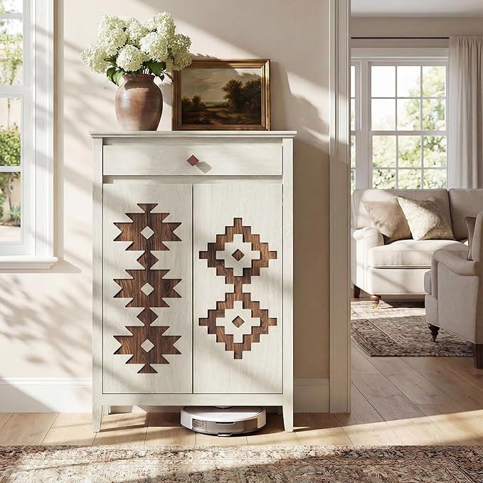 5-Tier Shoe Cabinet with Drawers, Wooden Shoe Storage Cabinet with Adjustable Shelves,Simple Tribal Style Freestanding Walnut Shoe Cabinet Suitable for Entrance,Corridor,Cloakroom,White