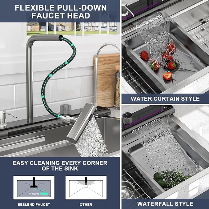 30 Inch Smart Waterfall Kitchen Sink - Beslend 30x19 Stainless Steel Drop In Waterfall Sink Topmount Workstation 16 Gauge Modern Sinks Single Bowl with Faucet, Cup Washer and Digital Display