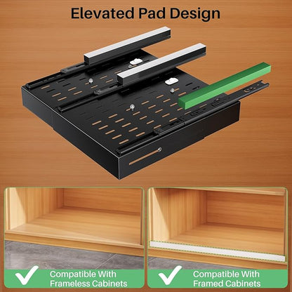 Pull out Cabinet Organizer, Expandable Width(14"-24"), Depth(13"-24") with 3 Rails, Slide Out Drawers With Raising Pad for Framed Cabinets, Fixed with Adhesive Film for Cabinets in Kitchen, Black