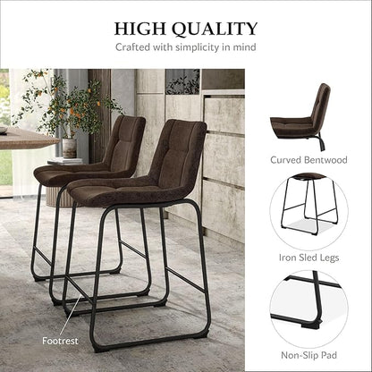 Furniture of America Veradis Modern Bentwood Counter Height Dining Chairs Set of 2, Chenille Fabric Bar Stool with Back and Metal Frame, Upholstered Seating for Kitchen, Living Room, Brown, 35 inch