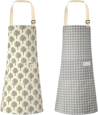 Syhood 2 Pack Aprons with 2 Pocket for Women Men Soft Linen Adjustable Bib Kitchen Cooking Apron for Chefs, Waiters, Baking(Grey Plaid Style)