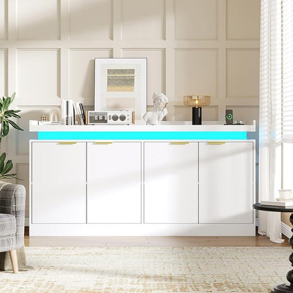 UNIQUITE 63" Sideboard Buffet Cabinet, Kitchen Buffet Cabinet Storage Cabinets with Power Outlets & LED Light, Modern Sideboard Coffee Bar Buffet Cabinets for Kitchen, Dinning, Living Room