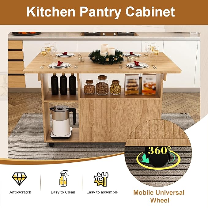 Multi-Functional Folding Dining Table Kitchen Island with Storage Shelves and Wheels, Space Saving Dining Tables Compact Desk for Dining Room, Kitchen, Dorm, Office (Walnut)
