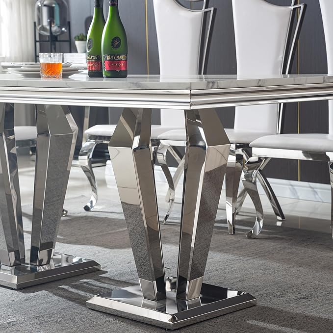 Modern Dining Table for 6-8, 68 Inch White Marble Kitchen Table with Silver Mirrored Dimaond Design Legs, Luxurious Rectangular Faux Marble Dining Room Table for Dining Room,Living Room