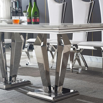 Modern Dining Table for 6-8, 68 Inch White Marble Kitchen Table with Silver Mirrored Dimaond Design Legs, Luxurious Rectangular Faux Marble Dining Room Table for Dining Room,Living Room