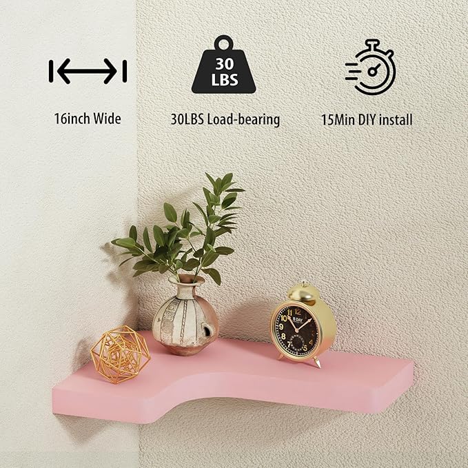 SAUMONIERES Corner Floating Shelves Wall Mount Shelf Solid Wood for Bedroom Bathroom Room Kitchen Storage Set of 3, Pink, Invisible Brackets