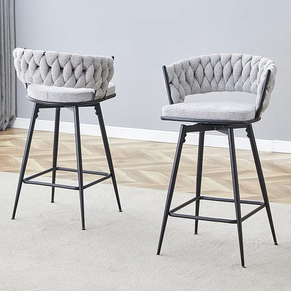 Set of 2 Swivel Bar Stools with Breathable Linen Cushions Light Gray Seat Black Iron Frame, Counter Height Stools for Kitchen Island, Dining or Pub