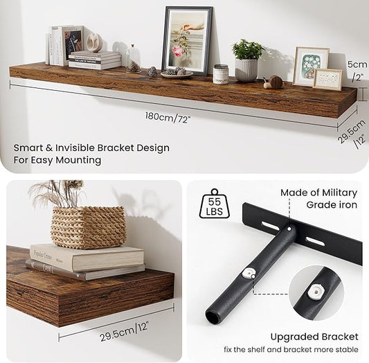 Fun Memories 72 Inch Fireplace Mantel Shelf, 12 Inch Deep Shelves for Display & Wall Storage, Rustic Wood Wall Shelf, Extra Long Floating Shelves for Living Room Laundry Room, Rustic Brown, Set of 1