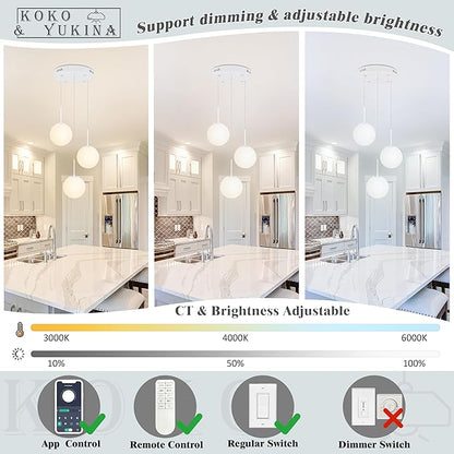 KoKo&Yukina Globe Pendant Light 3 Light White Globe Pendant Lights Kitchen Island Mid Century Light Fixture with Milky White Glass Shade for Dining Room Living Room