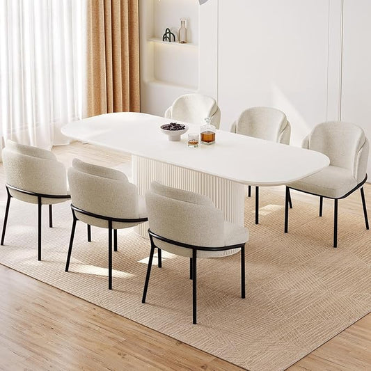 86.61" Oval Modern Dining Table Set for 6, Dining Room Tables with 6 Chairs for Kitchen, Living Room, 7 Piece Kitchens Table 6 Seaters Dinner Table Set, Cream White