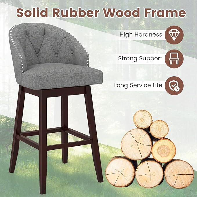 Giantex Modern Upholstered Bar Stools Set of 2, 31" Bar Height Swivel Kitchen Stools w/Button-Tufted Back, Rubber Wood Frame, Rivet Decoration, Linen Fabric Barstools for Counter Island, Cafe, Grey