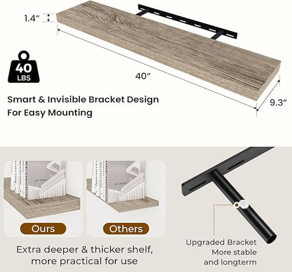 Dreamland 40 Inches Floating Shelves for Wall,9.3 Inch Deep Floating Shelves Set of 2, Large Display & Storage Shelf, Wall Shelf for Bathroom Bedroom Living Room Kitchen Office,Grey