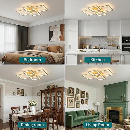 Modern LED Ceiling Light, Square LED Flush Mount Ceiling Light, Dimmable Kitchen Light Fixtures with Remote&APP, Close to Ceiling Lighting Fixture for Dining Room Kitchen Living Room Bedroom(Gold)