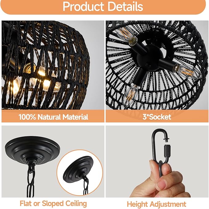 Farmhouse Chandeliers for Dining Room, 3-Light Rustic Ceiling Fixture with Twine Making Lampshade, Adjustable Height Chandelier for Bedroom, Kitchen, Bedroom (Balck)