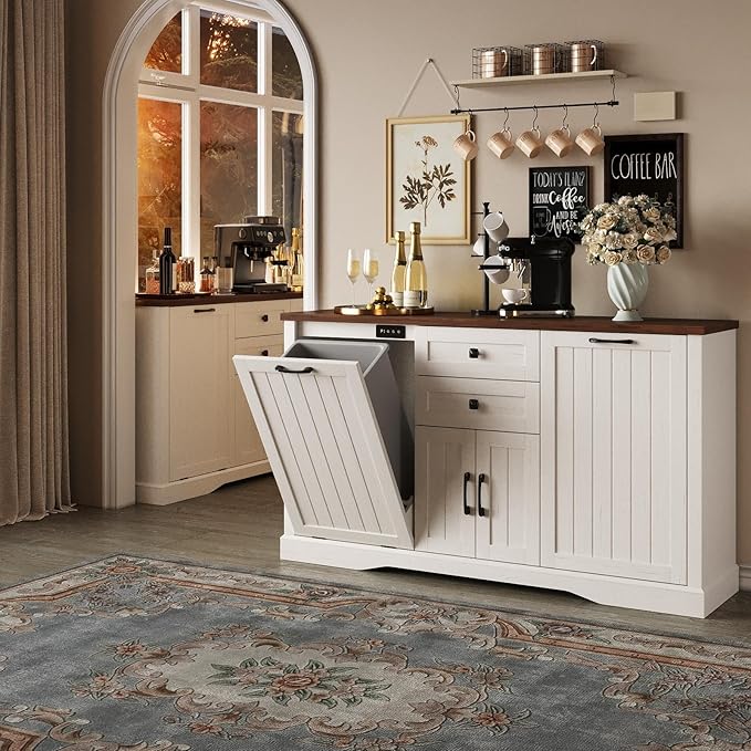 Vabches Farmhouse Buffet Cabinet with Tilt Out Trash Can, 55" Coffee Bar Cabinet&Sideboard with Storage and Drawers