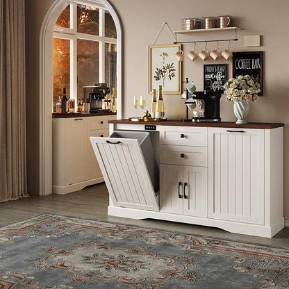 Vabches Farmhouse Buffet Cabinet with Tilt Out Trash Can, 55" Coffee Bar Cabinet&Sideboard with Storage and Drawers