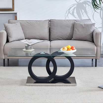 Glass Coffee Table for Living Room, 47" Modern Rectangle Coffee Tables with Tempered Glass Top and Unique Wooden Base, Clear Center Table for Living Room, Apartment, Office